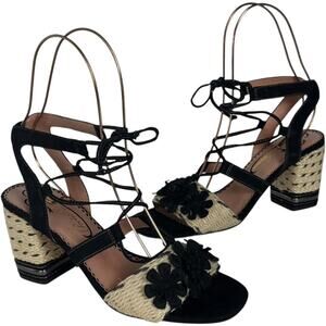 Poetic License Entwined Black Suede Floral Rope Heel Lace Up Sandals Women’s 8